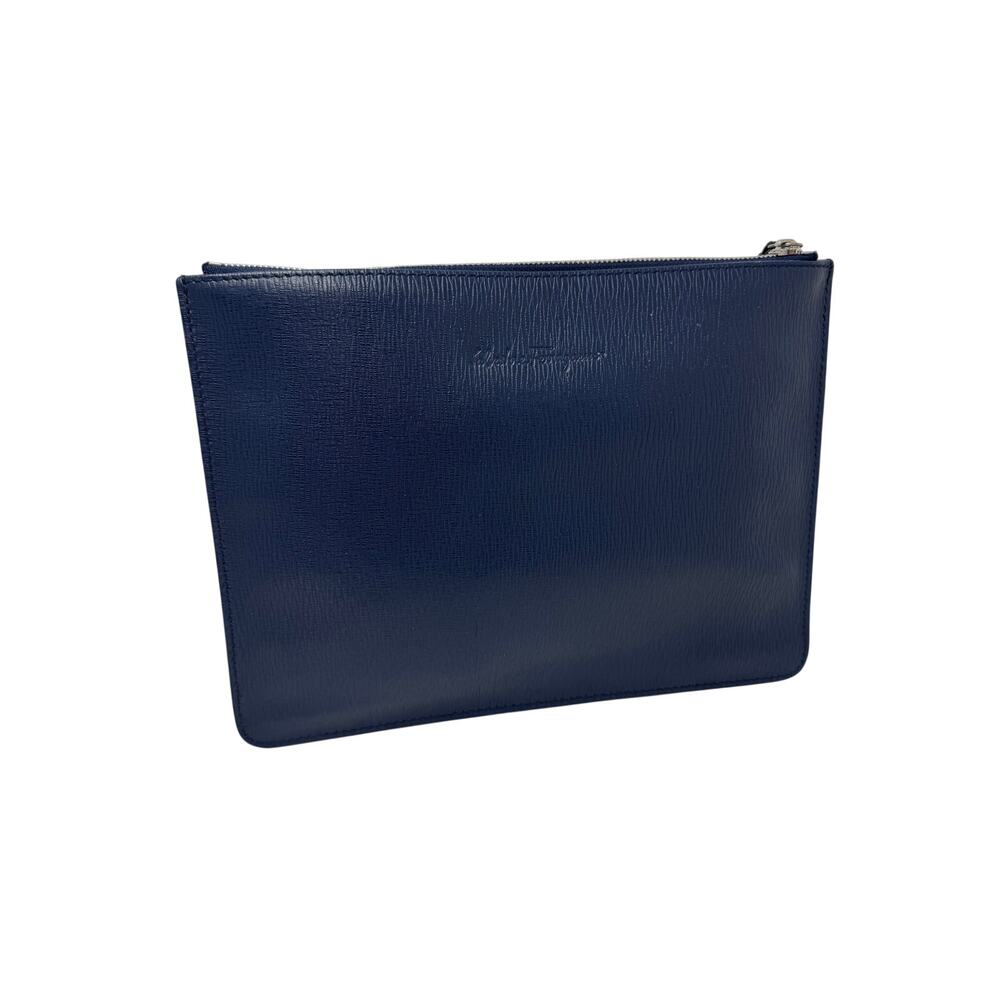 Salvatore Ferragamo Navy Blue Pebble Calf Leather Large Portfolio